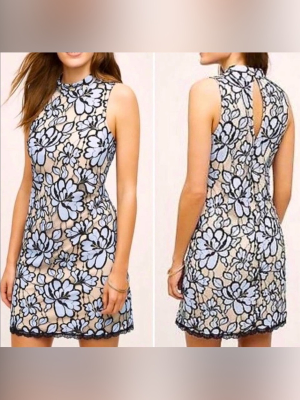 Anthro Plenty by TR Women’s 6 Sleeveless Beige Blue Floral Lace Dress in EUC